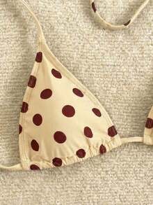 Nuevo conjunto de bikini con estampado de lunares sexy, espalda descubierta y lazo, con tirantes de espagueti para playa y piscina en vacaciones - Beis - Ver 2
