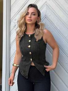 Camisa vaquera sin mangas con botones delanteros lavada para mujer - Gris Oscuro - Ver 6