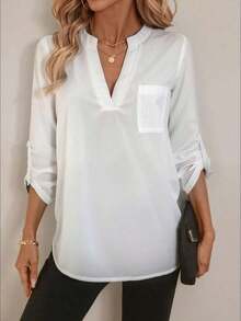 Blouse With Fitted Neckline And 3/4 Sleeves With Print, Work Shirt For Spring - 白色的 - 查看 6