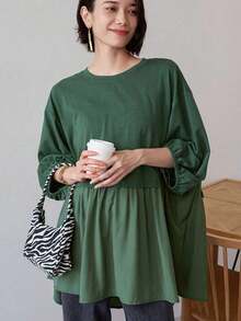 Camiseta de mujer holgada de cuello redondo informal con hombros caídos, camiseta oversize con volantes de verano - Verde - Ver 9