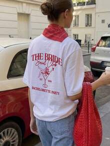 女士夏季圆领短袖T恤，伴娘T恤，印有“THE BRIDE”字样，适合单身派对、度假、办公、休闲、约会、聚会、街头穿着，白色 - 白色 - 查看 7