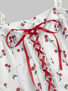 MOD Vestido elegante con bloqueo de color y estampado de cerezas, con cintura anudada. Ideal para verano, festivales, tropicales, vacaciones, coqueto, fiestas, fluido, té, brunch, estilo fairy core, atuendos elegantes para mujer - Blanco - Ver 3