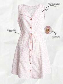 Vestido de mujer de estilo vintage lujoso con diseño de cuello en V profundo, botones dorados y estampado floral azul para vacaciones - Rosa - Ver 12