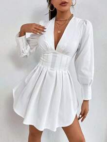 PETITE Vestido De Primavera Para Mujer Con Cuello En V Profundo, Mangas De Obispo, Pliegues Y Dobleces - Blanco - Ver 8