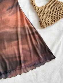 Vestido de tirantes con cuello drapeado y degradado de color para vacaciones de verano en la playa, atuendos de club, vestido sexy marrón otoñal de color café oscuro para mujeres - Multicolor 2 - Ver 7