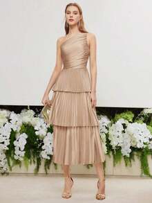 PREMIUM VESTIDO CON UN HOMBRO FRUNCIDO Y PLISADO - Caqui - Ver 4