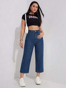 Jeans rectos de pierna ancha casual lavados para mujer - Azul lavado oscuro - Ver 3