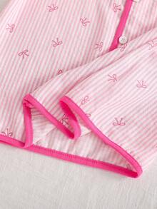 Coquette Pink Bow Striped Pajamas | Short Sleeve Open-Front Top & Long Pants, Bubble Crinkle Breathable Sleepwear For Girls - Pink - View 9