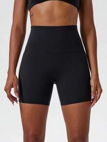 1 pieza Pantalones cortos de yoga elásticos de color nude, adecuados para correr, fitness, ciclismo y otros deportes, pantalones cortos ajustados transpirables y de secado rápido para mujeres en color negro - Negro - Ver 5