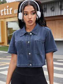 Blusa corta de mezclilla de manga corta y estilo informal para mujer, adecuada para chaqueta de mezclilla de verano - Azul lavado oscuro - Ver 5
