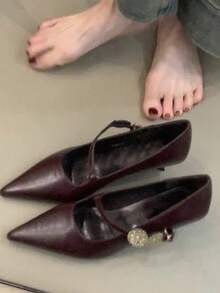 Elegant Basic Neutral PU Leather Buckle High Heels For Outdoor - Burgundy - View 3