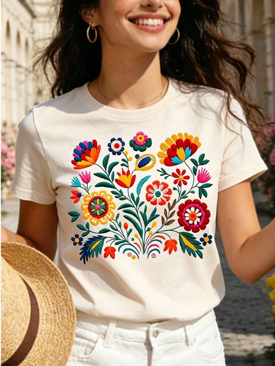 Ocio femenino verano camiseta de cuello redondo de manga corta diseño floral animado blusa de tejido de punto - Blanco - Ver 1