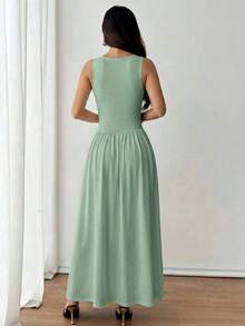 Vestido evasé de unicolor marrón café con cuello cuadrado elegante para mujer, primavera/verano - verde menta - Ver 2