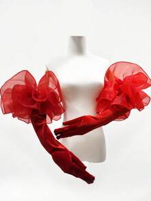 2/1 Long Puff Sleeve Oversize Ruffle Cuff Sheer Gloves Tulle Mesh Gloves ForWedding Opera Party Costume - Red - View 2