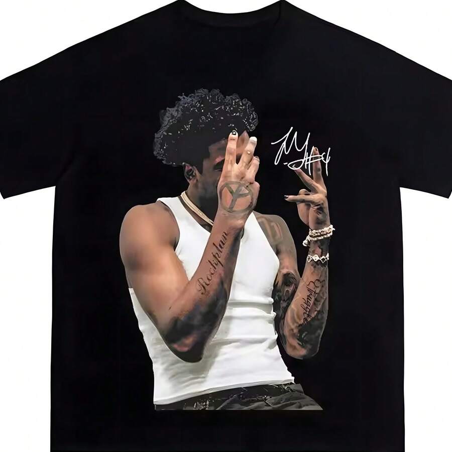 Camiseta de algodón puro de cuello redondo y manga corta con estampado de marca de tendenciass retro americana, corte holgado - Negro - Ver 1