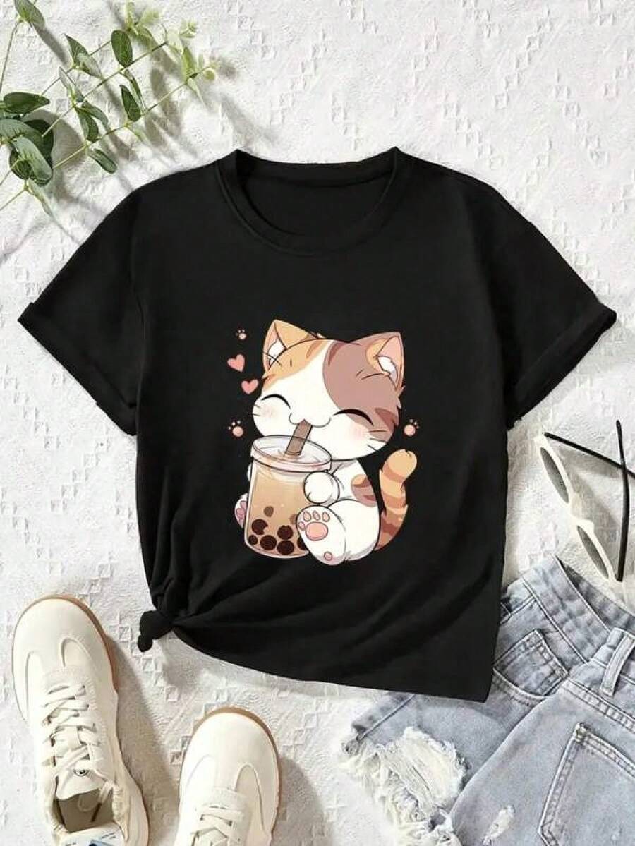 Oferta especial en tallas grandes: 1pc camiseta deportiva de manga corta y cuello redondo para mujer, 100 % algodón, de 180 g. Diseñada por un artista Y2K al estilo Bababask, ideal para el día a día, fiestas y todo tipo de celebraciones. Con un estampado de letras elegante y moderno, es perfecta tanto para regalar como para combinar en pareja, y se puede llevar en cualquier época del año. - Negro - Ver 1