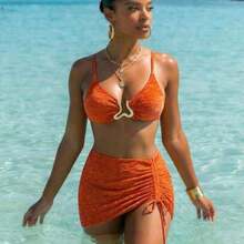 Swim  3pcs/Set Summer Vacation Sexy Textured Fabric Gold Accessory Camisole, Bikini & Drawstring Bodycon Mini Skirt Set For Women - Naranja - Ver 1