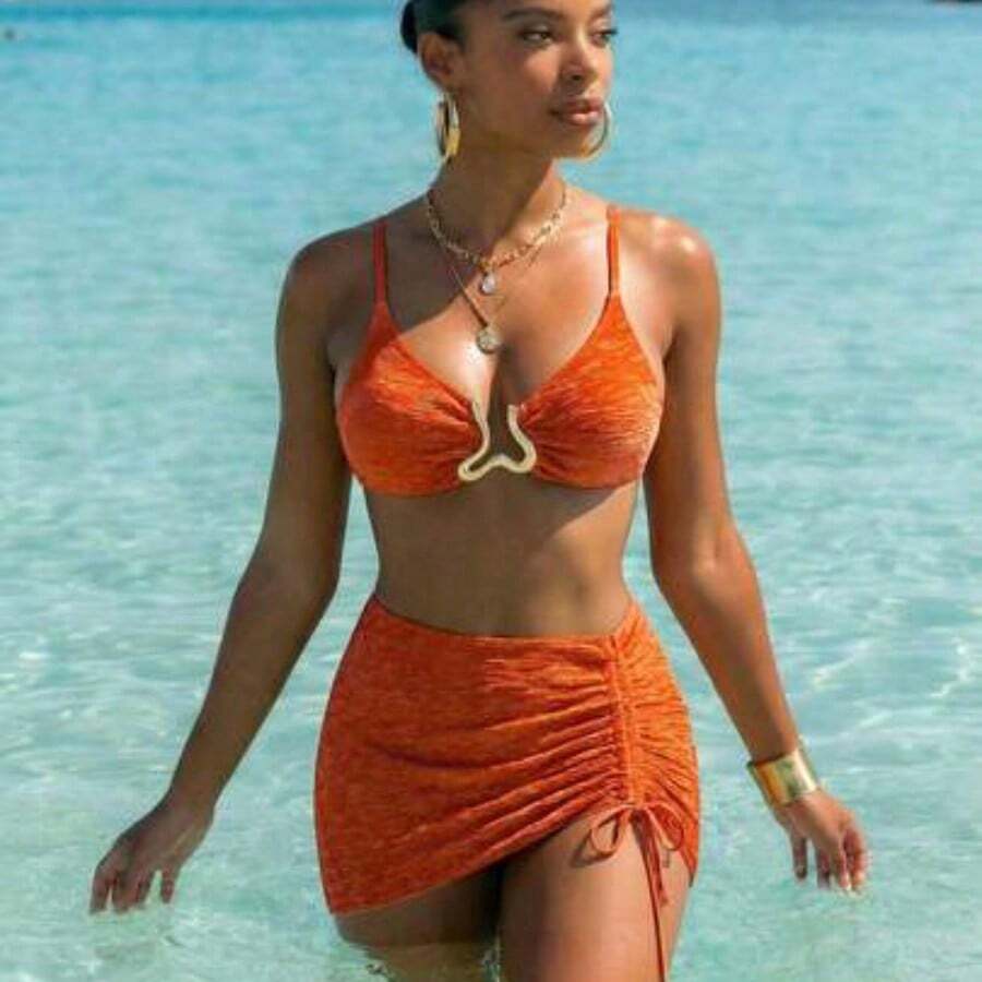 Swim 3pcs/Set Summer Vacation Sexy Textured Fabric Gold Accessory Camisole, Bikini & Drawstring Bodycon Mini Skirt Set For Women - Naranja - Ver 1