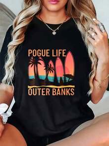Mujeres Algodón Corto Manga T - Camisa Negro Blanco Opciones, Transpirable Suelto Tops , Redondo Cuello, Pogue Vida Tablas de surf Palma Árboles Puesta de sol De gran tamaño Gráfico Camisetas, Exquisito Diseño, Informal Y A la moda Estilo, Verano Tops, Adecuado Para Diario Informal Desgaste, Inicio Entrenamientos Al aire libre Actividades, Playa Vacaciones, Ideal Para Regalos Mujeres Ropa-Vintage Calle Estilo Unisexo Suelto Algodón Corto Manga Tripulación Cuello Camiseta 100% algodón puro - Negro - Ver 7