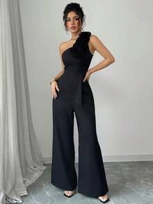 Mono de mujer de unicolor con cuello asimétrico, sin mangas y con estampado floral 3D - Negro - Ver 5