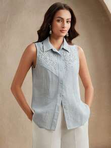 Blusa elegante sin mangas con cuello Mao, bordado floral y cuentas para mujer, estilo minimalista, fresco y grácil, encanto retro, adecuado para invitados de boda, Día de San Valentín - Azul - Ver 4