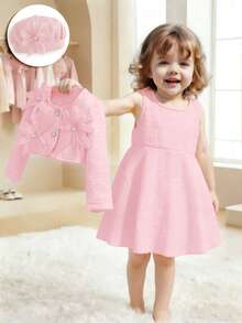 2pcs Baby Girls' Cute Solid Color Round Neck 3D Pearl Flower Long Sleeve Cardigan & Round Neck Sleeveless A-Line Dress With Hat Beret Set, Suitable For Outings In Autumn/Winter - Pink - View 4