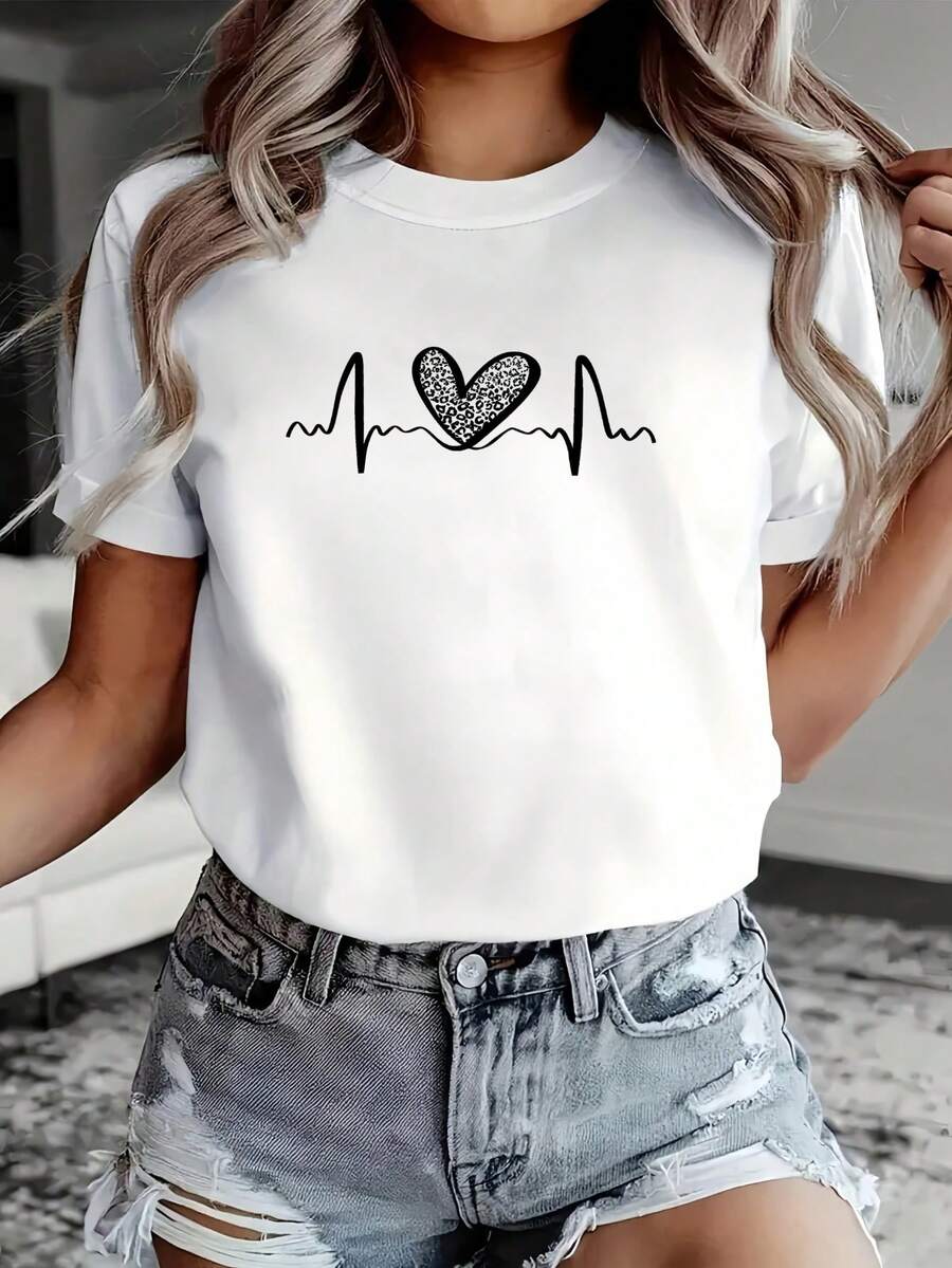 Camiseta de manga corta y cuello redondo para mujer, sencilla, elegante e informal. Corte regular, estampado único, versátil y a la moda para el día a día. - Blanco - Ver 1