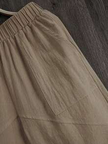 LUMIGAL Pantalones casuales sueltos de cintura elástica para mujer con forma cónica y bolsillos de unicolor - Caqui - Ver 5