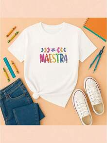 Camiseta casual de algodón para mujer, estampada con motivo del Día del Maestro, de manga corta y cuello redondo, adecuada para usar en primavera y verano. - Blanco - Ver 1