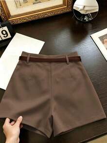 cortos de mujer de estilo minimalista francés, tejidos de unicolor, casuales para ir al trabajo, de cintura alta, con silueta A y pierna ancha, de estilo retro - Marrón - Ver 2