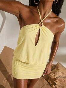 Vestido mini de mujer con estampado de malla de punto y cuello halter, primavera/verano - Amarillo claro - Ver 2