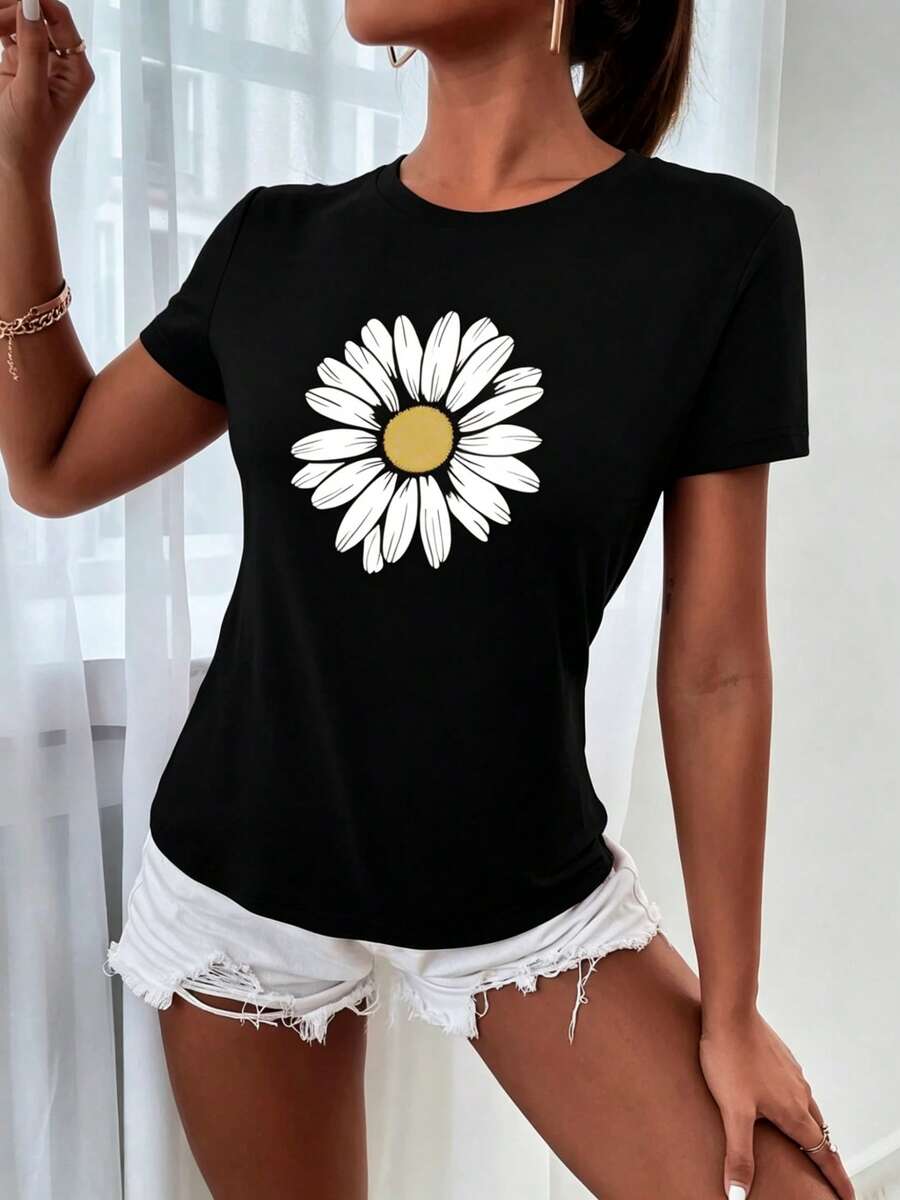 Camiseta de manga corta con estampado floral, camiseta informal con cuello redondo y estampado floral para mujer, camisetas gráficas para mujer - Negro - Ver 1