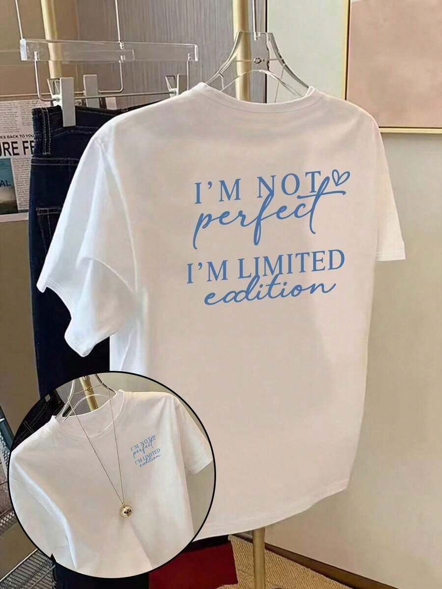Camiseta holgada de moda para mujer, diseño con cita atrevida "Edición Limitada", top de manga corta transpirable y cómodo, camiseta de algodón suave con cuello redondo, ideal para salidas casuales y looks de moda minimalista. - Blanco 3 - Ver 1