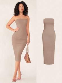 Vestido casual de cena ajustado sin tirantes y de silueta ceñida para mujer - Caqui - Ver 10