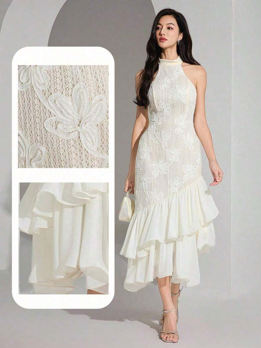 Vestido midi elegante de mujer con cuello halter, bajo con volantes y patchwork de jacquard - Albaricoque - Ver 1