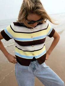 Blusa de punto holgada de manga corta con cuello redondo de estilo casual para mujer, estilo universitario con rayas marrones y azules, blusa de verano, blusa de estilo universitario estadounidense, adecuada para uso diario, blusa de verano, blusa - Multicolor 9 - Ver 7