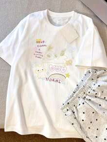 Camiseta de manga corta con estampado de letras y dibujos animados súper popular de nueva marca de moda urbana de , top puro de ajuste holgado para verano a juego para parejas - Blanco - Ver 1