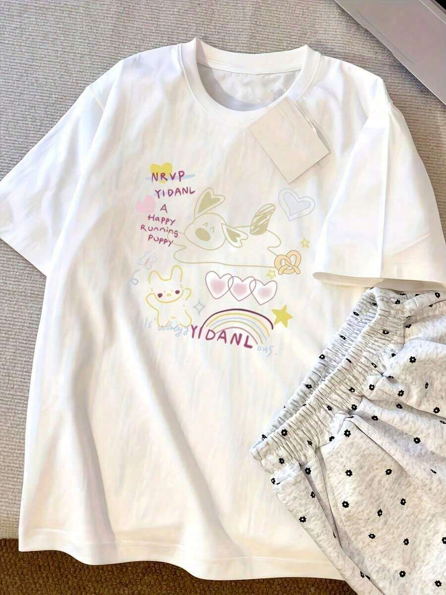 Camiseta de manga corta con estampado de letras y dibujos animados súper popular de nueva marca de moda urbana de , top puro de ajuste holgado para verano a juego para parejas - Blanco - Ver 1