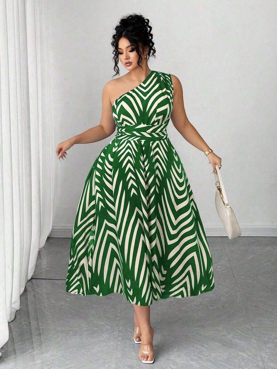 Vestido elegante de mujer de talla grande con estampado floral azul y blanco, elegante y chic para fiestas, graduaciones, vacaciones, festivales, citas, bodas y salidas - Verde - Ver 1