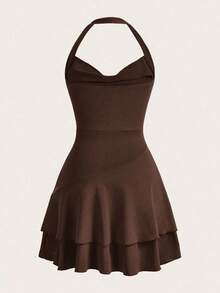Vestido Rojo De Punto Sin Mangas Con Cuello Halter Y Doble Capa, Ajustado Para Mujer - Marrón Chocolate - Ver 2