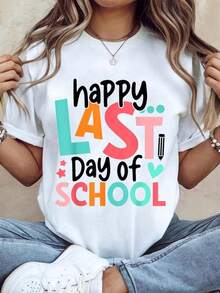 GiftGiftHappy Teacher T-Shirt For The Last Day Of Class, Student Graduation T-Shirt, Short Sleeve, Round Neck, Casual Top For Summer And Spring, Soft Women's Clothing - 白色 - 查看 1
