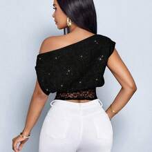 Women's Elegant Music Festival Sheer Lace Black Lace Panel Detail Asymmetrical Neck Loose T-Shirt,Stylish Casual Party Top - Negro - Ver 3