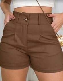 Women's Linen Shorts With Knife Pockets - Marrón Mocha - Ver 1