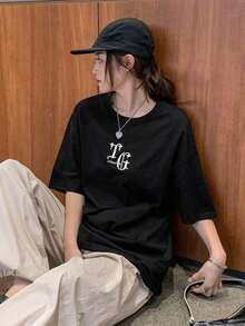 ropa de calor mujer Camiseta de hombros caídos con estampado de letra - Negro - Ver 6