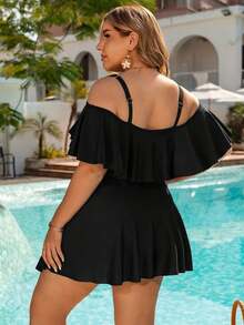 Swim Lushoire Traje de baño talla grande de verano con tirantes ajustables y volantes en corte evasé - Negro - Ver 2
