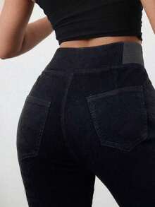Tall Pantalones vaqueros de mujer casuales, ajustados y elásticos con vuelo, pantalones vaqueros azules ajustados de cintura alta con vuelo para mujeres altas, pantalones vaqueros de verano - Negro - Ver 6
