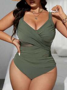 Swim  Traje de baño de una pieza de corte slim, con parches de malla de dos tonos y cruzados, para mujer de talla grande.Ideal para el verano y las vacaciones en la playa. - Verde militar - Ver 7