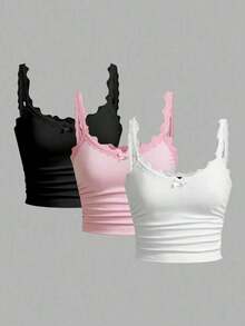 Conjunto de 3 piezas de top de mujer con encaje y volantes, 95% algodón - Estilo retro vintage Y2K, dulce y sexy, top corto sin mangas para primavera/verano, festivales occidentales, citas, té de la tarde, uso casual en casa y vuelta al colegio - Multicolor - Ver 11
