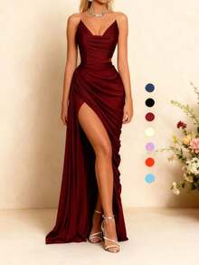 Vestido de verano WOWDARK, vestido elegante de fiesta con cuello en V, cintura con lazo y abertura alta, adecuado para el Día de San Valentín, citas, reuniones, fiestas, viajes, vacaciones, playa y otras ocasiones como bodas y primavera - Burdeos - Ver 8