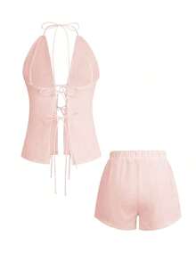 Conjunto de 2 piezas de top con escote en V y espalda descubierta con lazo, y shorts elásticos para mujer, adecuado para el hogar, la playa, citas, festivales de música, San Valentín y otras ocasiones, elegante en negro para el verano - Rosa - Ver 4